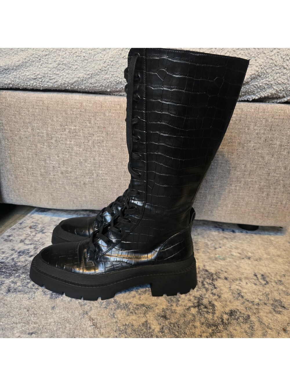 Zara Black Croc Embossed Knee High Lace Up Combat Boots EU 39